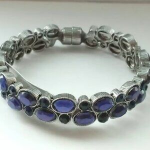 Dress Barn Blue Rhinestone Silver Tone Magnetic Clasp Boho Chic Bracelet